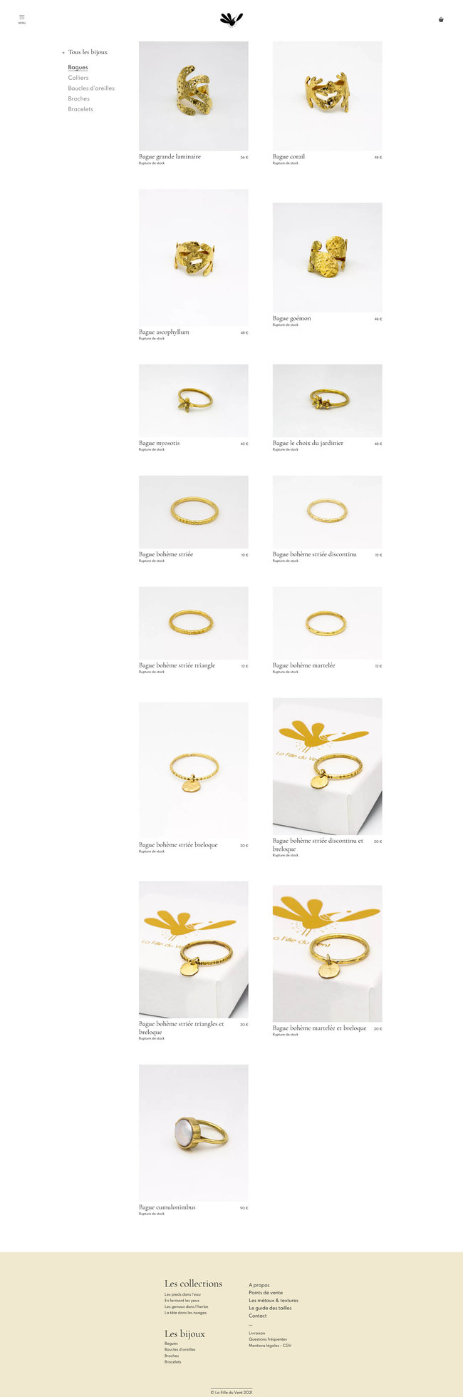 List of the rings sold on the online shop.