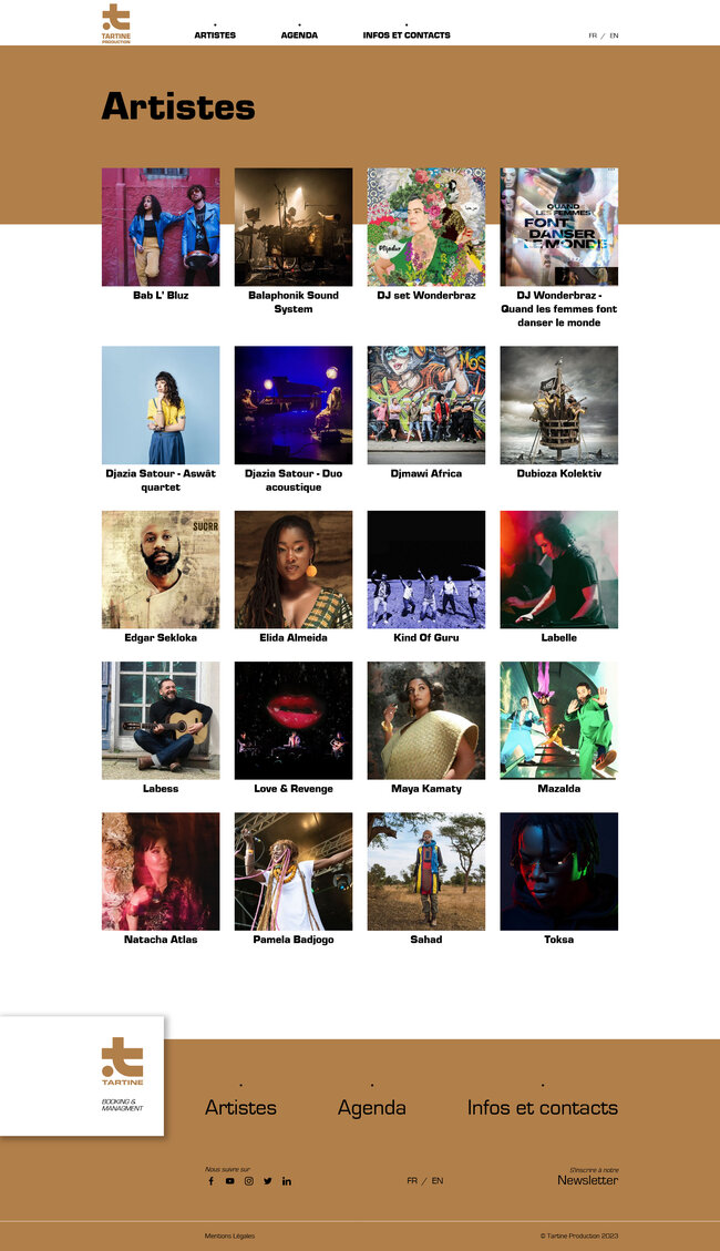 Page d'accueil du site web Tartine Produtcion Avec présentation des artistes