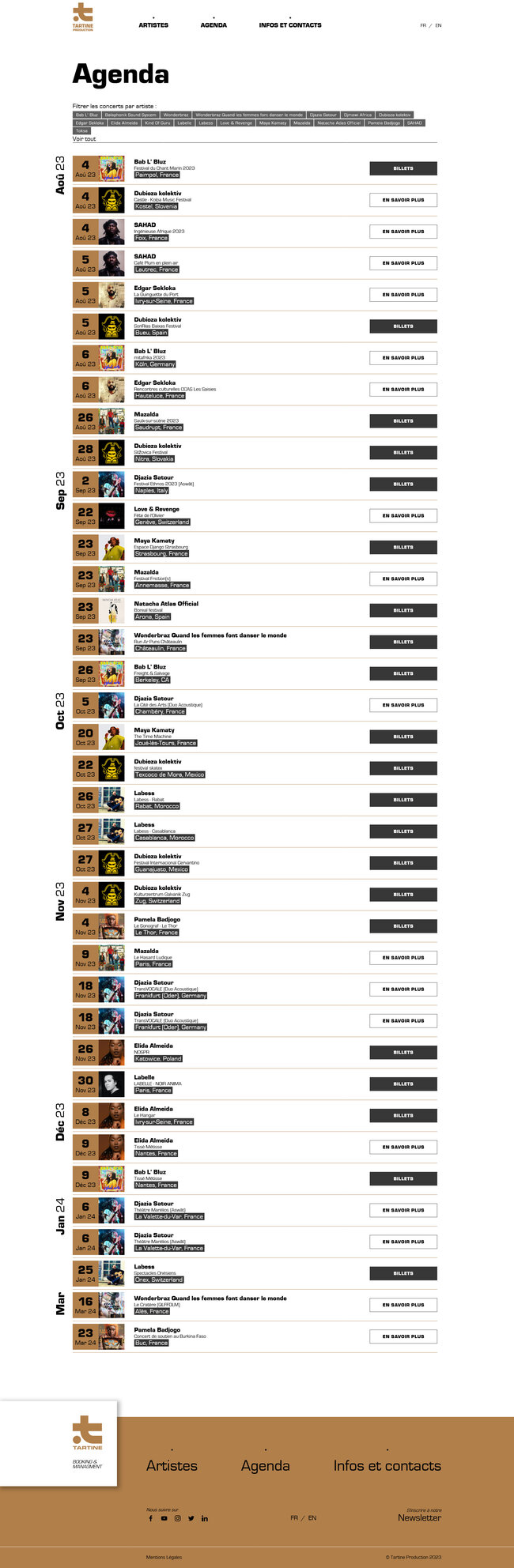 Page agenda avec la liste de toutes les dates de concerts des artistes Tartine Production