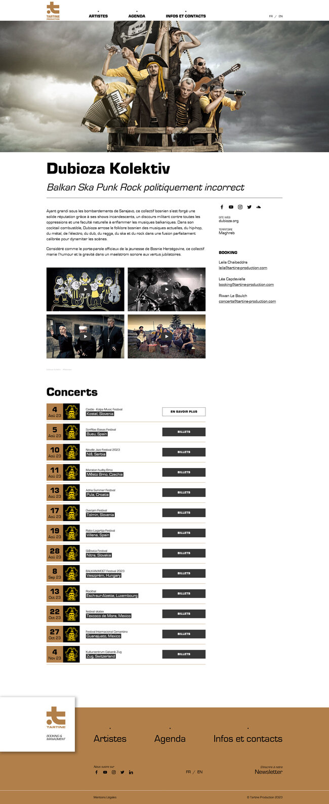 Page de présentation des artistes avec clips, contacts booking et liste des dates de concerts